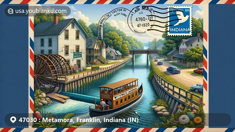 Modern illustration of Whitewater Canal, showcasing historical transportation route in Indiana, with reference to ZIP code 47030.