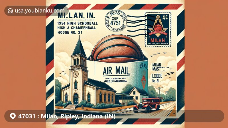 Modern illustration of Milan, Ripley County, Indiana, celebrating ZIP code 47031, with a focus on 1954 high school basketball championship victory and local landmarks.