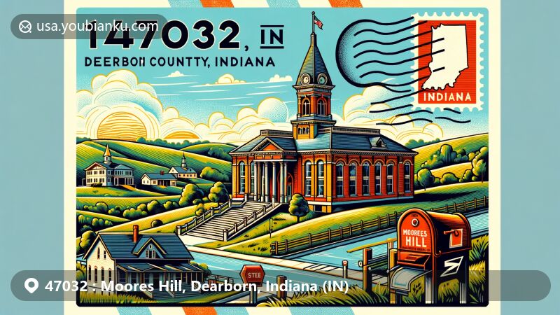 Modern postcard-style illustration of Moores Hill, Dearborn County, Indiana, featuring iconic Carnegie Hall, ZIP code 47032, and natural Indiana scenery.