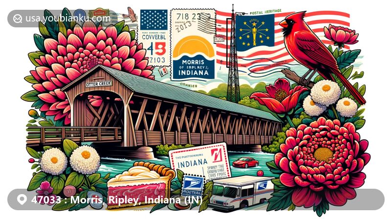 Modern illustration of Morris, Ripley County, Indiana, showcasing postal theme with ZIP code 47033, featuring Otter Creek Covered Bridge and Indiana state symbols.