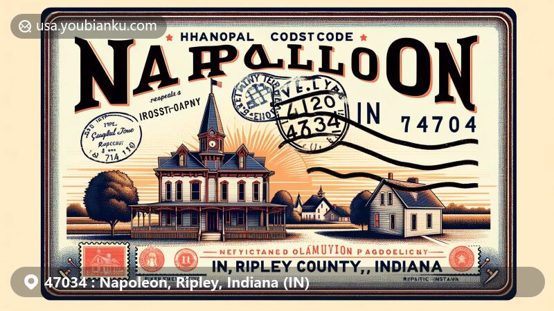 Modern illustration of Napoleon, Ripley County, Indiana, showcasing vintage postcard design with iconic landmarks Central House and Elias Conwell House, capturing small-town charm and agricultural essence.