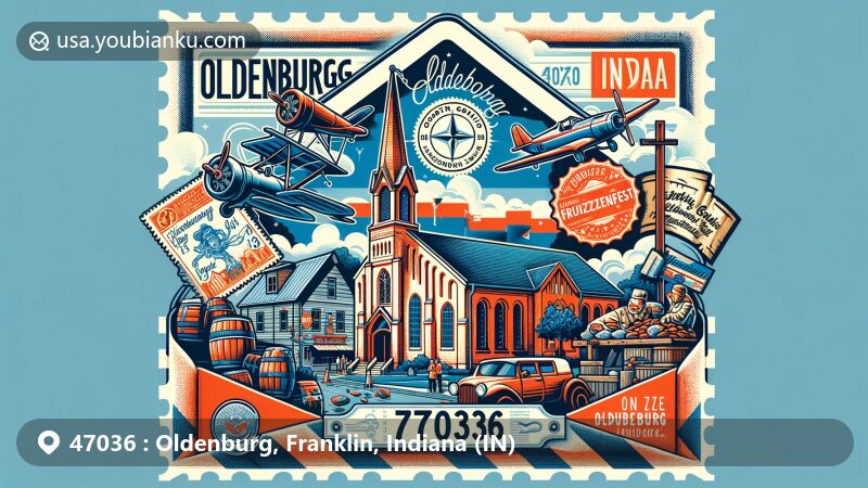 Vintage-style illustration of Oldenburg, Indiana, featuring a postal theme with aviation envelope, postage stamp, and postmark for ZIP code 47036, showcasing Holy Family Catholic Church, Oldenburg Freudenfest, and Oldenburg Historic District.