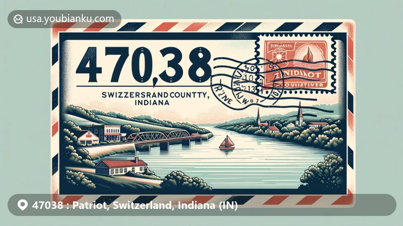 Vintage postcard-style illustration of Patriot, Indiana, with ZIP code 47038, featuring envelope with Indiana outline postal stamp, Ohio River symbol, and tranquil river view in soft pastel colors.