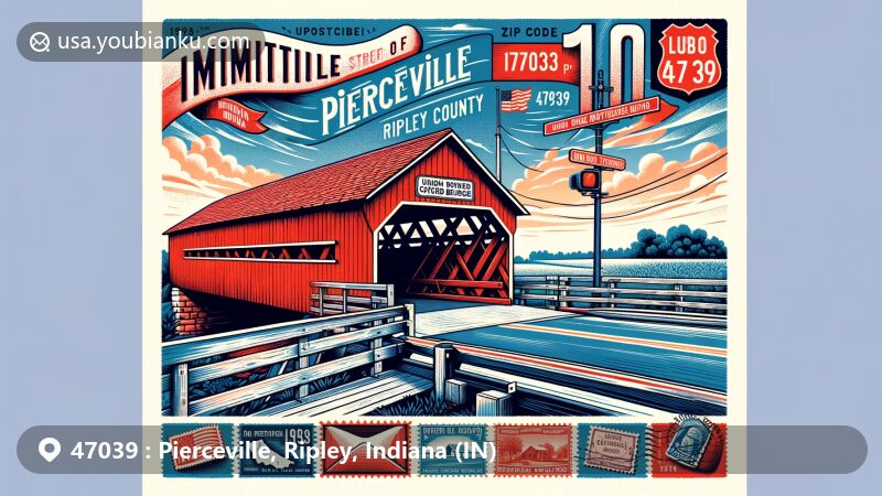 Modern illustration of Pierceville, Ripley County, Indiana, featuring red covered bridges, Union Noose Tightening historical marker, and postal theme with ZIP code 47039.