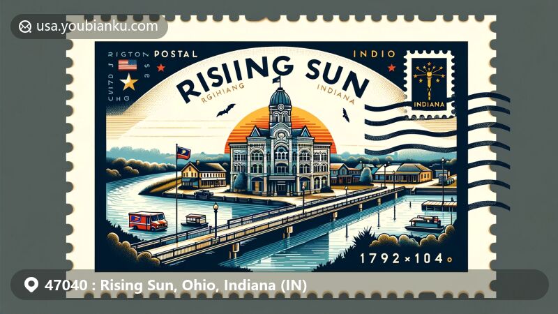 Modern illustration of Rising Sun, Indiana, featuring iconic landmark and postal elements like stamp, postmark, and ZIP Code 47040, blending state identity and local charm.