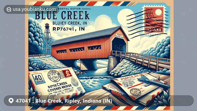 Modern illustration of Blue Creek, Ripley, Indiana, highlighting postal theme with ZIP code 47041, featuring Otter Creek Covered Bridge and Busching Covered Bridge.
