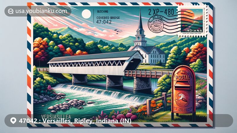 Modern illustration of Versailles, Ripley County, Indiana, featuring Busching Covered Bridge and Ripley County Courthouse, set against natural beauty, with classic American mailbox, highlighting postal theme and ZIP code 47042.