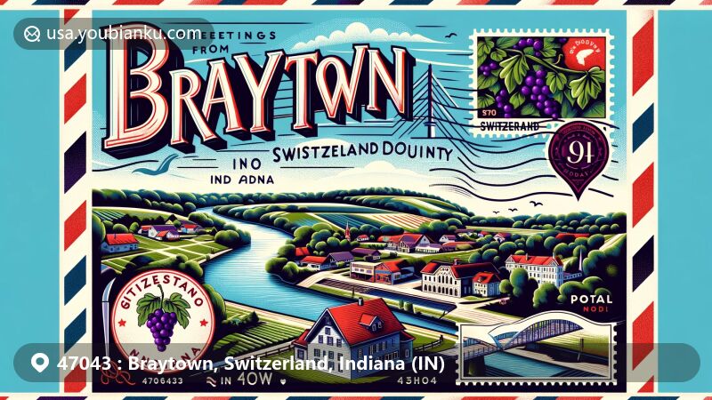 Modern illustration of Braytown, Switzerland County, Indiana, fusing postal theme with natural scenery and Swiss heritage, featuring Ohio River and Swiss-style building.