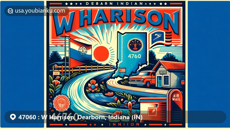 Modern illustration of Dearborn County, Indiana, featuring rural landscapes and urban areas with a mix of historical and contemporary architecture, embodying the essence of the Hoosier state.