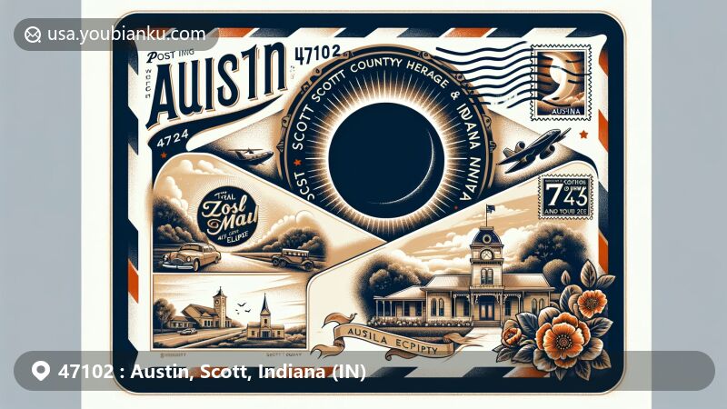 Modern illustration of Austin, Scott County, Indiana, featuring vintage air mail envelope with postcard showing scenic view of Austin. Includes Scott County Heritage Center & Museum, 2024 total solar eclipse imagery, and classic postal decorations.