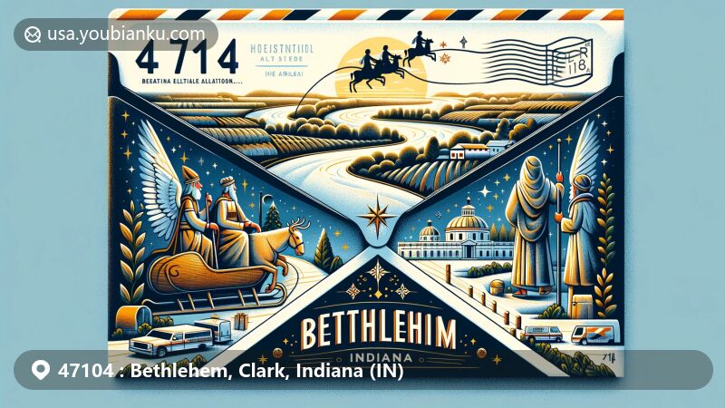 Creative illustration of Bethlehem, Indiana with postal theme featuring '47104 Bethlehem' on an imaginative airmail envelope. The envelope showcases address text and Christmas postmark symbolizing unique postal tradition. Background depicts serene Ohio River and surrounding farmland, reflecting Bethlehem's geographical location near the river. Scene includes symbolic three wise men following stars pattern, echoing town's Christmas postmark tradition. Design is eye-catching and creative, successfully blending Bethlehem's postal and regional characteristics.