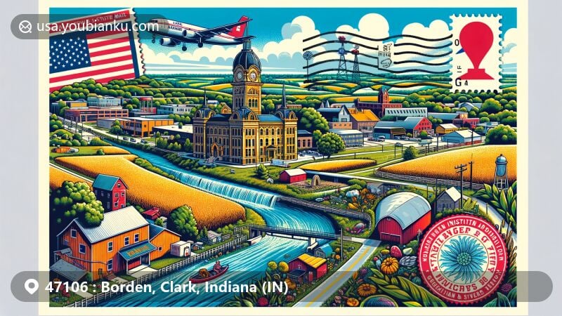 Modern illustration of Borden, Clark County, Indiana, showcasing postal theme with ZIP code 47106, featuring Borden Institute, Joe Huber's Family Farm, Muddy Fork tributary, and agricultural symbols.