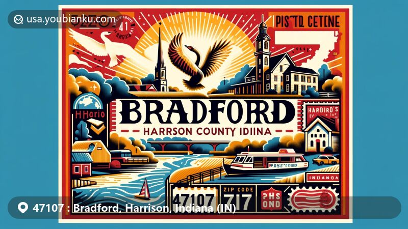 Modern illustration of Swan's Landing Archeological Site in Bradford, Harrison County, Indiana, with postal theme including vintage postage stamp and postal motifs.