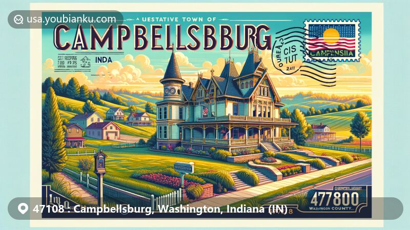 Modern illustration of Campbellsburg, Indiana, showcasing historic Queen Anne style home designed by George F. Barber, featuring iconic architectural heritage with tower, gingerbread detailing, and stained glass windows, surrounded by tranquil landscape and town charm, incorporating postal elements like vintage stamp with Indiana state flag and 'Campbellsburg, IN 47108' postmark, backdrop of scenic Washington County hills and lush greenery, combining artistic flair with cultural significance for web graphic.