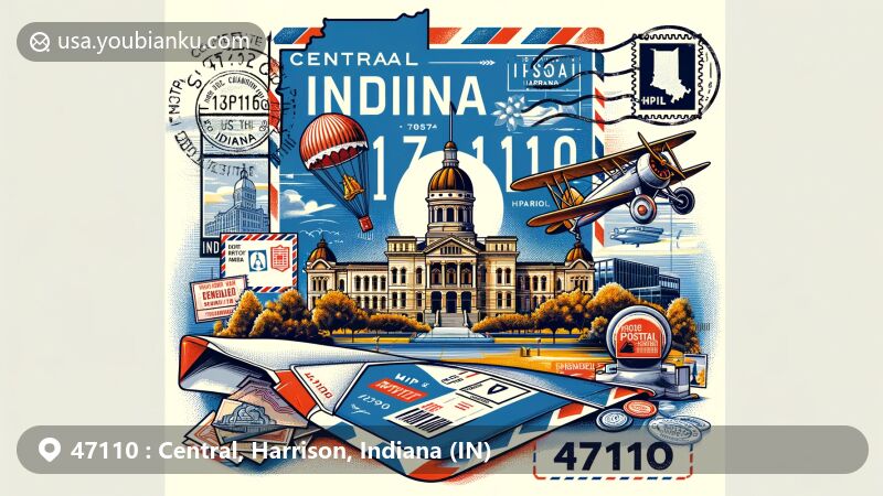 Modern illustration of Central, Harrison, Indiana, representing ZIP code 47110, featuring Corydon Capitol State Historic Site and vintage postal elements like air mail envelope and postage stamp.