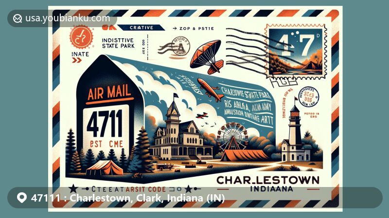 Modern illustration of Charlestown, Indiana, showcasing postal theme with ZIP code 47111, featuring Charlestown State Park, Rose Island, and Indiana Army Ammunition Plant.