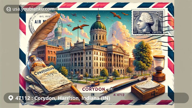 Modern illustration of Corydon, Harrison, Indiana (IN), showcasing postal theme with ZIP code 47112, featuring historic Corydon Capitol building, Constitution Elm, vintage postage stamp, postal mark 'Corydon, IN 47112,' antique ink bottle, and feather pen.