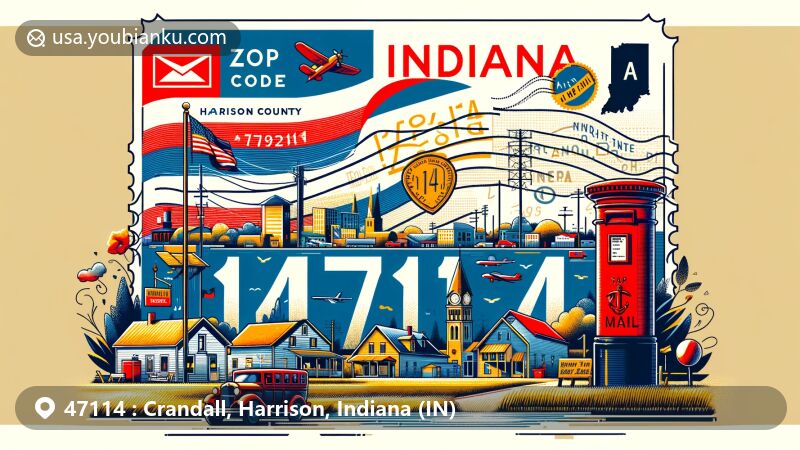 Modern illustration of Crandall, Indiana, in Harrison County, highlighting postal theme with ZIP code 47114, integrating state symbols and rural charm.