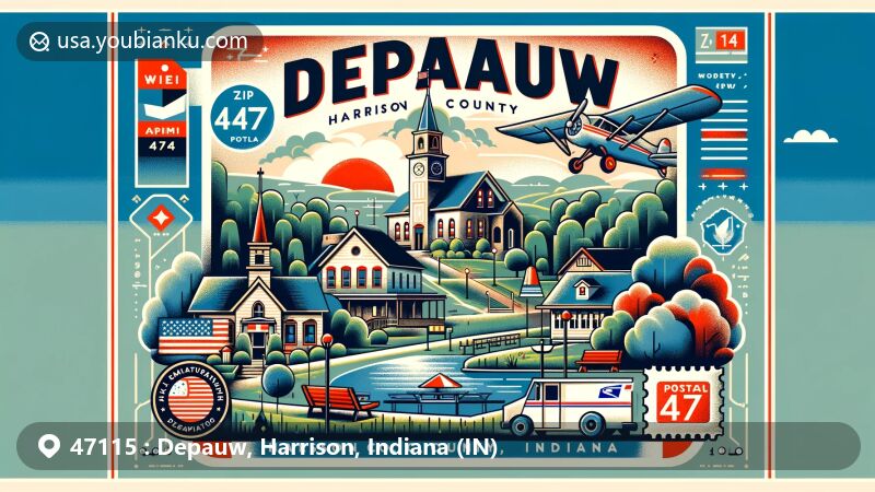 Modern illustration of Depauw, Harrison County, Indiana, with ZIP code 47115, featuring postal themes like airmail envelope, stamps, and postal truck, reflecting the town's tranquil atmosphere and outdoor recreational aspects.