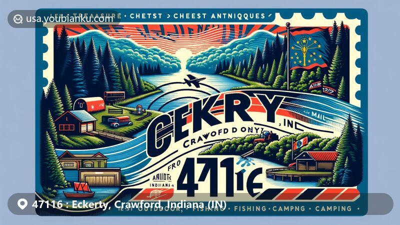 Vibrant illustration showcasing Eckerty, Crawford County, Indiana, with ZIP code 47116, featuring hilly landscape, Indiana state flag, Patoka Lake, and Ohio River, hinting at local businesses.