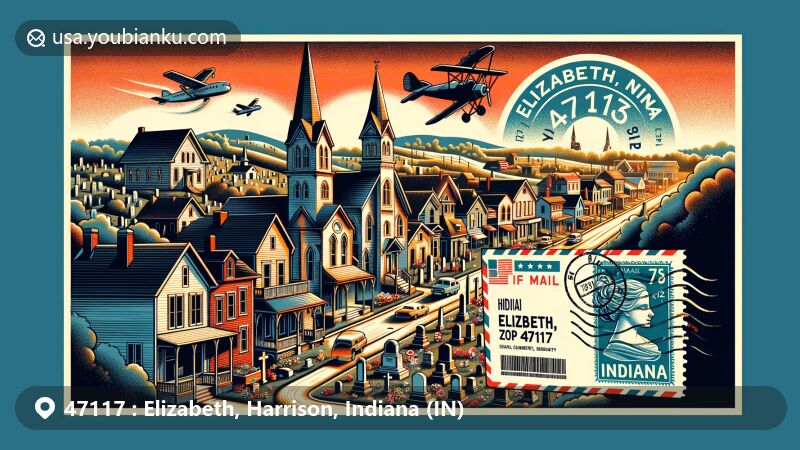 Modern illustration of Elizabeth, Harrison County, Indiana, showcasing the historical charm of the town with traditional architecture, Rose Hill Cemetery, and a small-town American spirit.