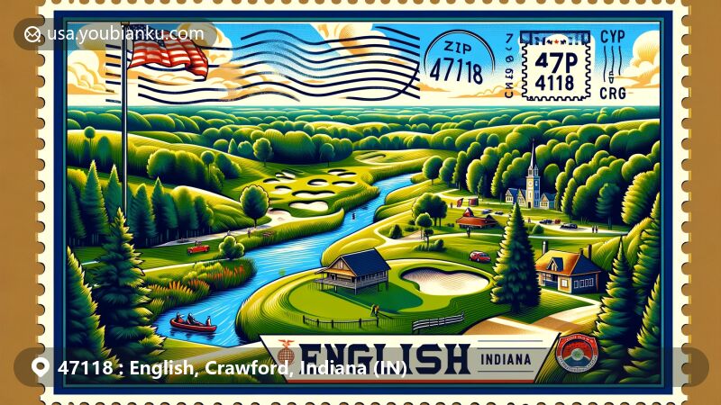 Modern illustration of English, Crawford County, Indiana, highlighting postal theme with ZIP code 47118, showcasing Lucas Oil Golf Course, Sycamore Springs Park, Camp Fork Creek & Little Blue River, Crawford County Veterans Memorial, and Courthouse.