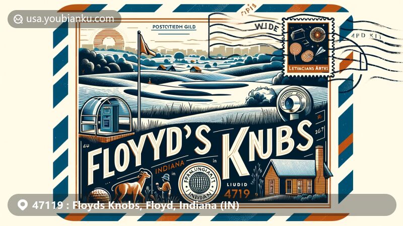 Modern illustration of Floyds Knobs, Indiana, showcasing postal theme with ZIP code 47119, featuring Valley View Golf Course, Franciscan Arts Initiative, and Letty Walter Park.