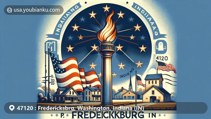 Modern illustration of Fredericksburg, Washington County, Indiana, capturing the essence of Indiana with postal theme and state symbols like the torch of liberty and stars on the state flag. The artwork features a tranquil rural landscape or iconic architecture symbolizing the unique charm of the Fredericksburg area.