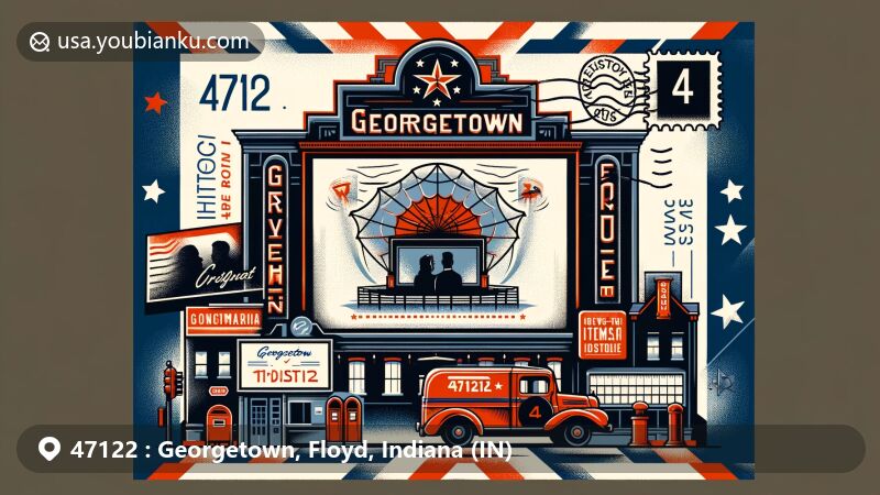 Modern illustration of Georgetown, Floyd County, Indiana, featuring iconic Georgetown Drive-In theater, historical elements, and postal theme with ZIP code 47122, creatively blending local culture and postal significance.