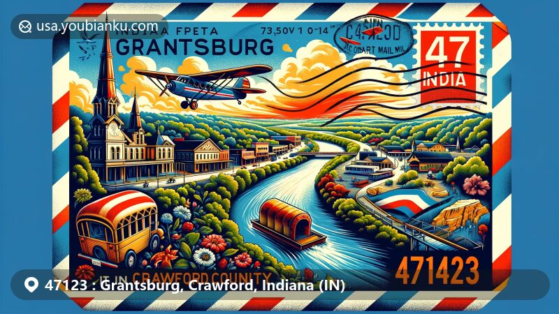 Modern illustration of Grantsburg, Crawford County, Indiana, focusing on postal theme with ZIP code 47123, incorporating town's cultural and geographical elements, such as the Ohio River and Indiana state flag.