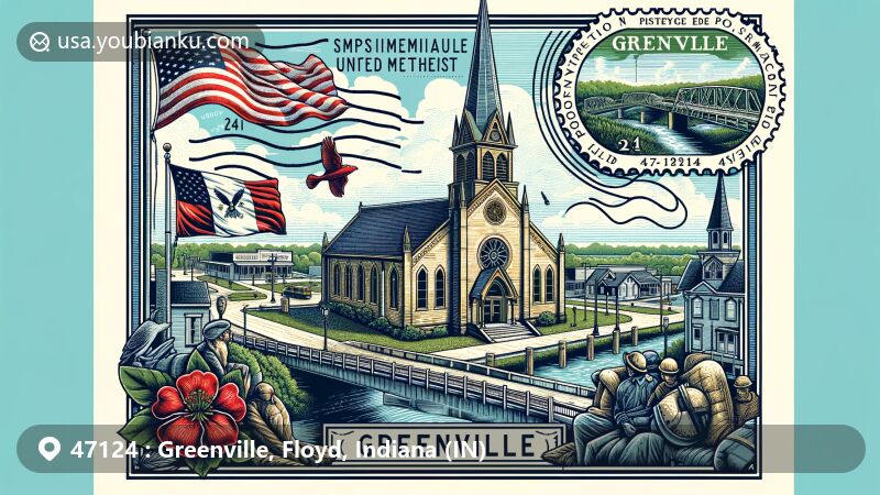 Modern illustration of Greenville, Floyd County, Indiana, featuring Simpson Memorial United Methodist Church, Greenville Veterans Memorial Bridge, vintage postal theme with ZIP code 47124, and town flag.