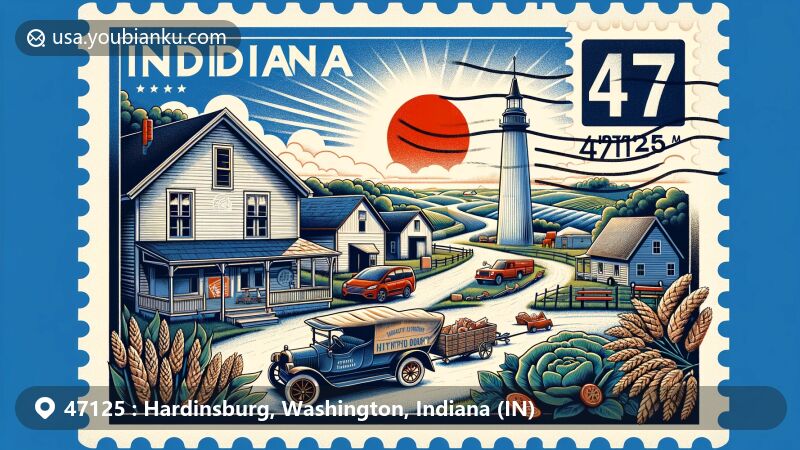 Modern illustration of Hardinsburg, Washington County, Indiana, blending postal theme with rural charm and iconic elements of local history and culture. Includes postage stamp motif with ZIP code 47125 and Indiana cultural symbols.
