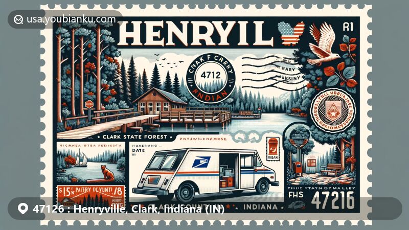 Modern illustration of Henryville, Clark County, Indiana, showcasing natural beauty and postal theme, featuring Clark State Forest with hiking trails and camping spots, Knobstone Trail, Indiana's longest hiking trail, incorporating forest elements like trees, lakes, and wildlife, emphasizing the essence of Indiana's oldest state forest. Vintage style postal elements include a postage stamp with ZIP code 47126, a mail delivery van in the forest setting, and a mailbox integrated into the scene. Highlighting the ZIP code and Henryville's name, along with the state abbreviation 'IN'. The design is modern, colorful, and playful, capturing the charm and uniqueness of Henryville while emphasizing the importance of postal service in community connectivity. Clear, vibrant, and slightly whimsical for broad audience appeal.