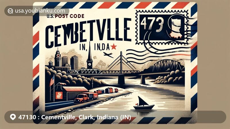Vintage illustration of Cementville, Clark County, Indiana, showcasing postal theme with ZIP code 47130, featuring Ohio River, Big Four Bridge, Indiana state symbols, and postmark dated March 1, 2024.