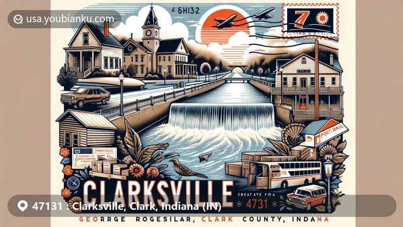 Modern illustration of Clarksville, Clark County, Indiana, showcasing key elements like George Rogers Clark cabin, Falls of the Ohio, Great Flood of 1937 reference, modern shopping hub, vintage postal elements, and ZIP code 47131.
