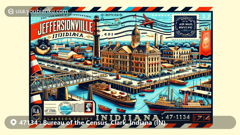 Modern illustration of Jeffersonville, Clark County, Indiana, highlighting historical landmarks like Ohio River and the downtown area, with a focus on shipbuilding heritage. Styled as a vibrant postcard with postal elements and ZIP code 47134.