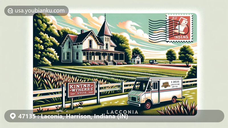 Modern illustration of Kintner–Withers House (Cedar Farm) in Laconia, Indiana, surrounded by rural landscape, featuring postal elements like postmark, mailbox, mail car, and '47135' ZIP code, presented in a postcard format.