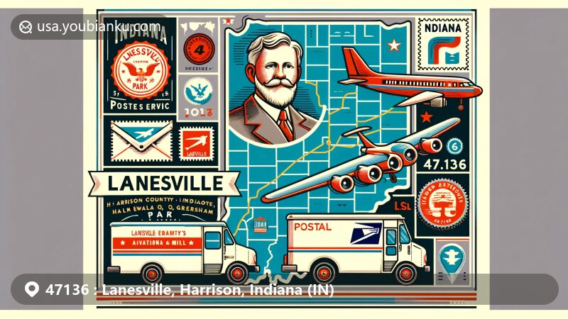 Modern illustration of Lanesville, Harrison, Indiana, highlighting postal theme with ZIP code 47136, featuring Walter Q. Gresham Park and historic postal elements.