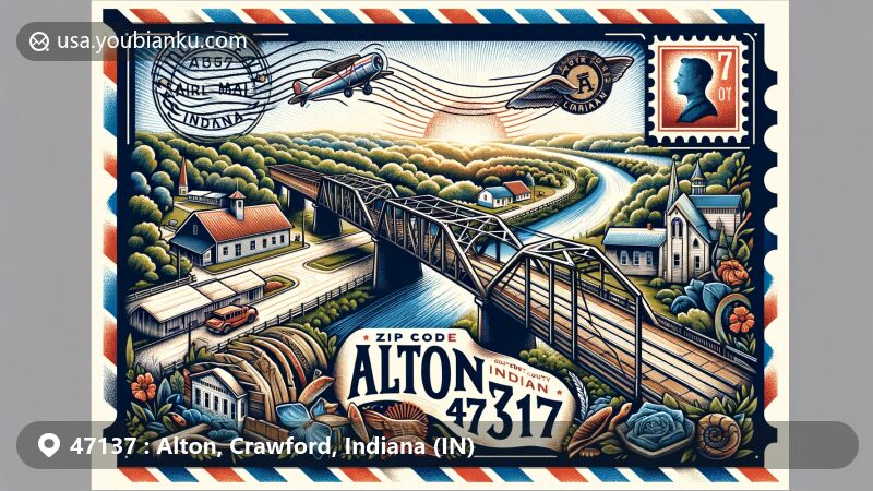 Modern illustration of Alton, Crawford County, Indiana, with ZIP code 47137, featuring iconic Alton Bridge over Little Blue River and picturesque landscapes, capturing small-town charm and historical significance.