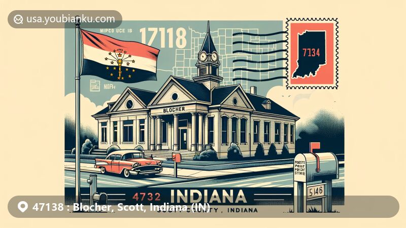 Modern illustration of Blocher, Scott County, Indiana, featuring postal theme with ZIP code 47138, showcasing Indiana state flag and local geography.
