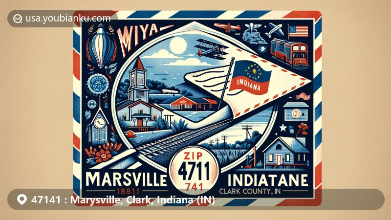 Modern illustration of Marysville, Clark County, Indiana, featuring a vintage airmail envelope theme with ZIP code 47141, showcasing local landscape, historical references, and resilience after a tornado, incorporating Indiana state symbols and community spirit.