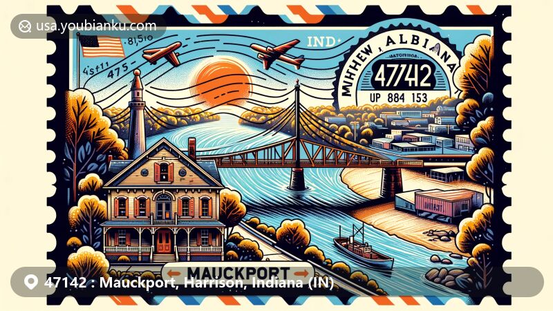Vibrant illustration of Mauckport, Indiana, ZIP code 47142, depicting the Ohio River, Matthew E. Welsh Bridge, and historic 1850 house by James H. Miller, in an air mail envelope with Indiana state flag and postal symbols.