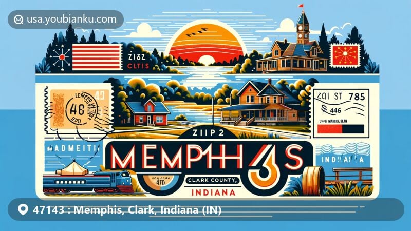 Modern illustration of Memphis, Clark County, Indiana, featuring zip code 47143, showcasing small-town charm, natural beauty, and postal theme with state flag elements.