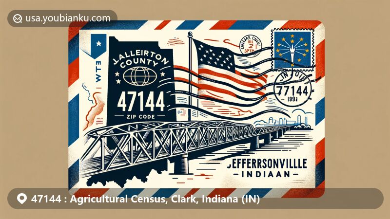 Creative illustration of Jeffersonville, ZIP code 47144, Clark County, Indiana, combining airmail envelope, state flag, and Big Four Bridge, emphasizing local pride and postal elements.