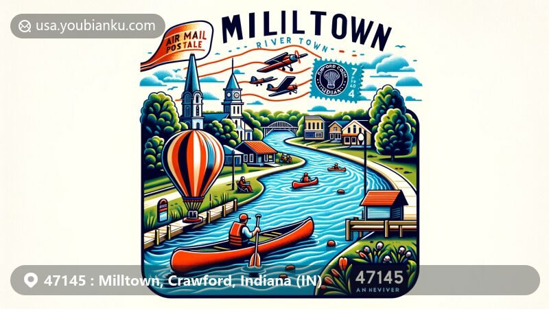 Modern illustration of Milltown, Crawford County, Indiana, highlighting the charming river town charm along the Blue River, featuring natural beauty, outdoor recreational activities like canoeing and kayaking, and postal theme elements.