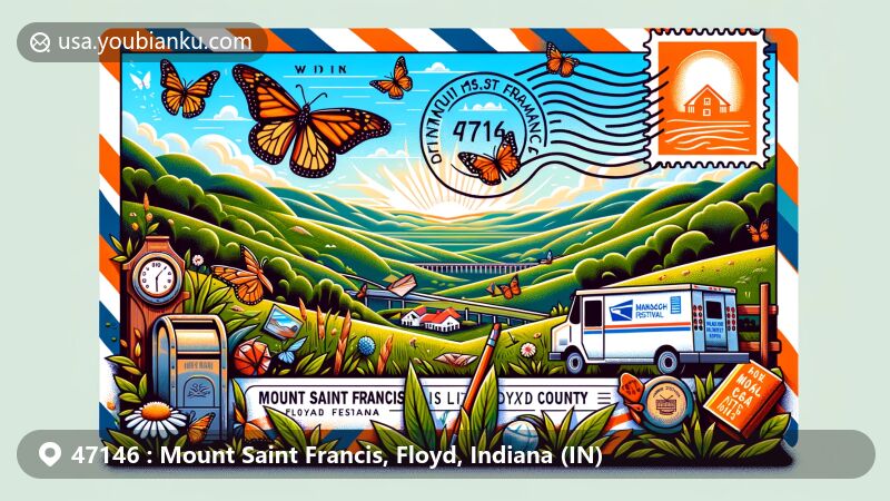 Modern illustration of Mount Saint Francis, Floyd County, Indiana, showcasing Monarch Festival theme with ZIP code 47146, featuring artistic butterflies and local artworks.