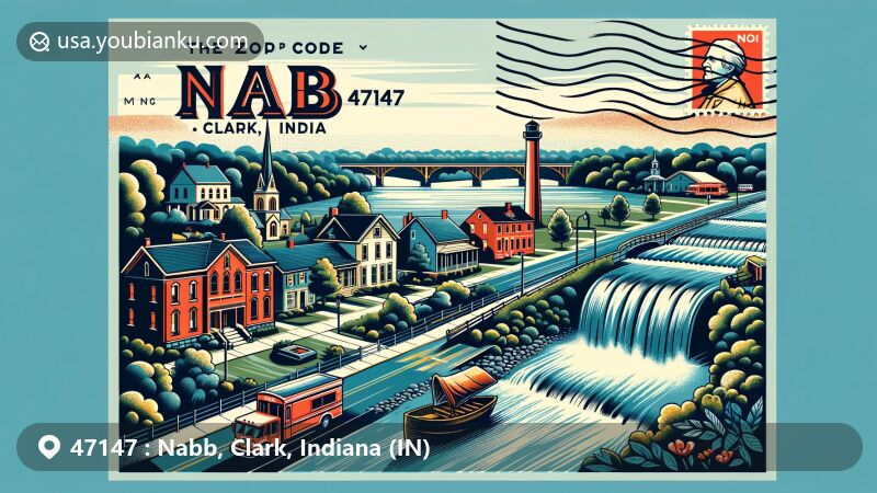 现代插图风格的明信片，展示美国邮政编码47147，代表印第安纳州克拉克县纳布地区，描绘俄亥俄河和俄亥俄瀑布州立公园，突出地区的自然美丽和历史重要性。