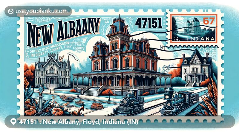 Modern illustration of New Albany, Floyd County, Indiana, featuring ZIP code 47151, showcasing Culbertson Mansion State Historic Site and Carnegie Center for Art & History.