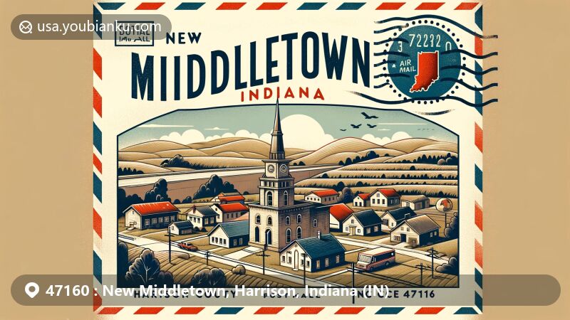 Modern illustration of New Middletown, Harrison County, Indiana, with postal theme and ZIP code 47160, showcasing town's hilly landscape and small-town charm.
