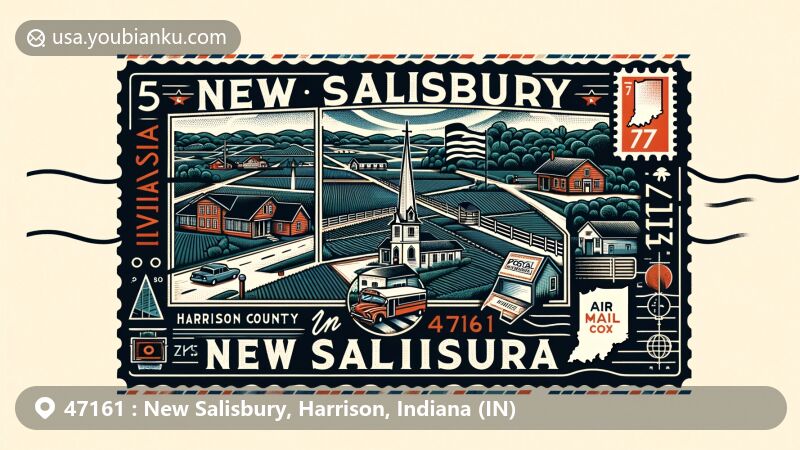 Modern illustration of New Salisbury, Harrison County, Indiana, showcasing postal theme with ZIP code 47161, featuring scenic rural Indiana and postal icons like a postage stamp and postmark.